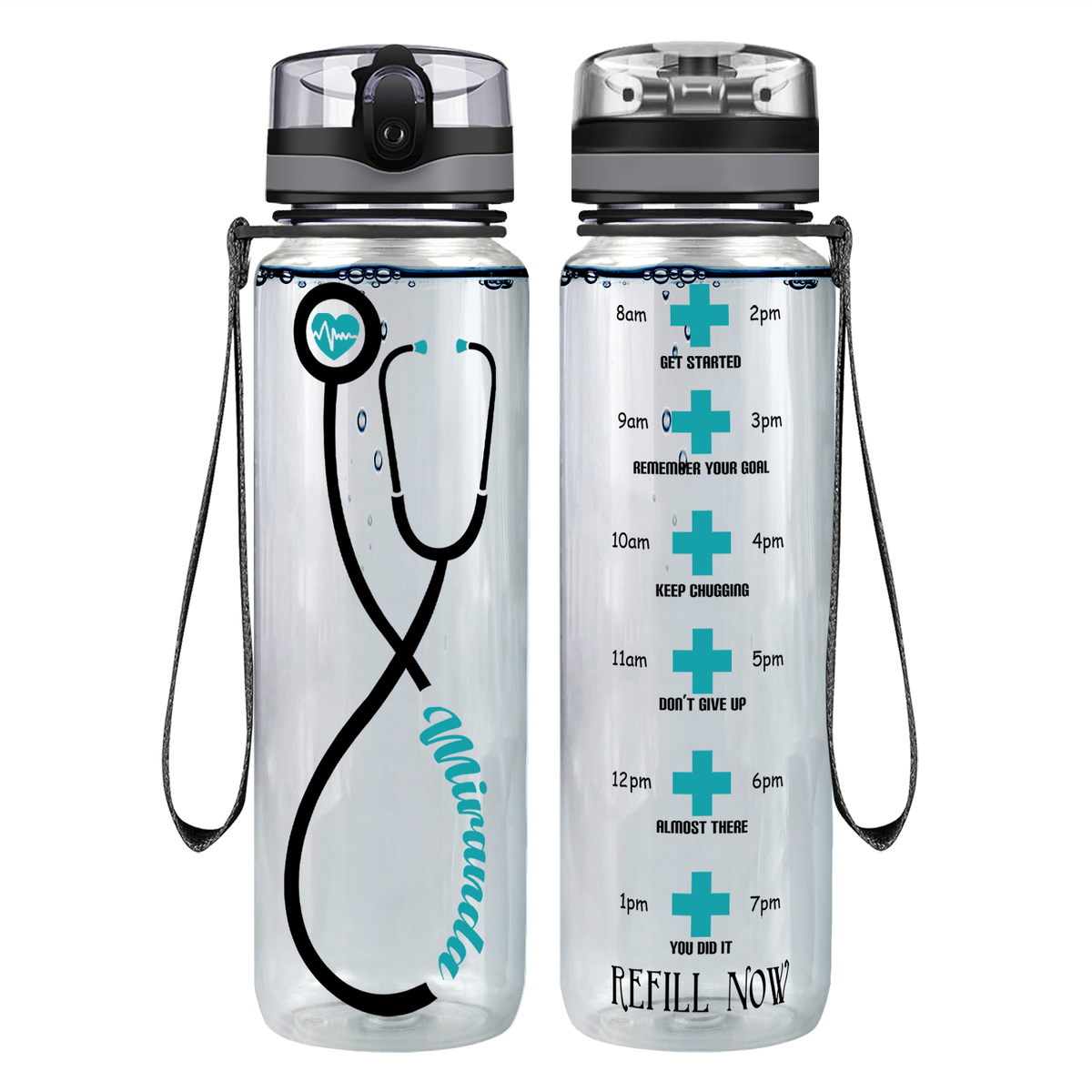 Personalized Heartbeat Nurse Stethoscope on 32oz Motivational Tracking Water Bottle