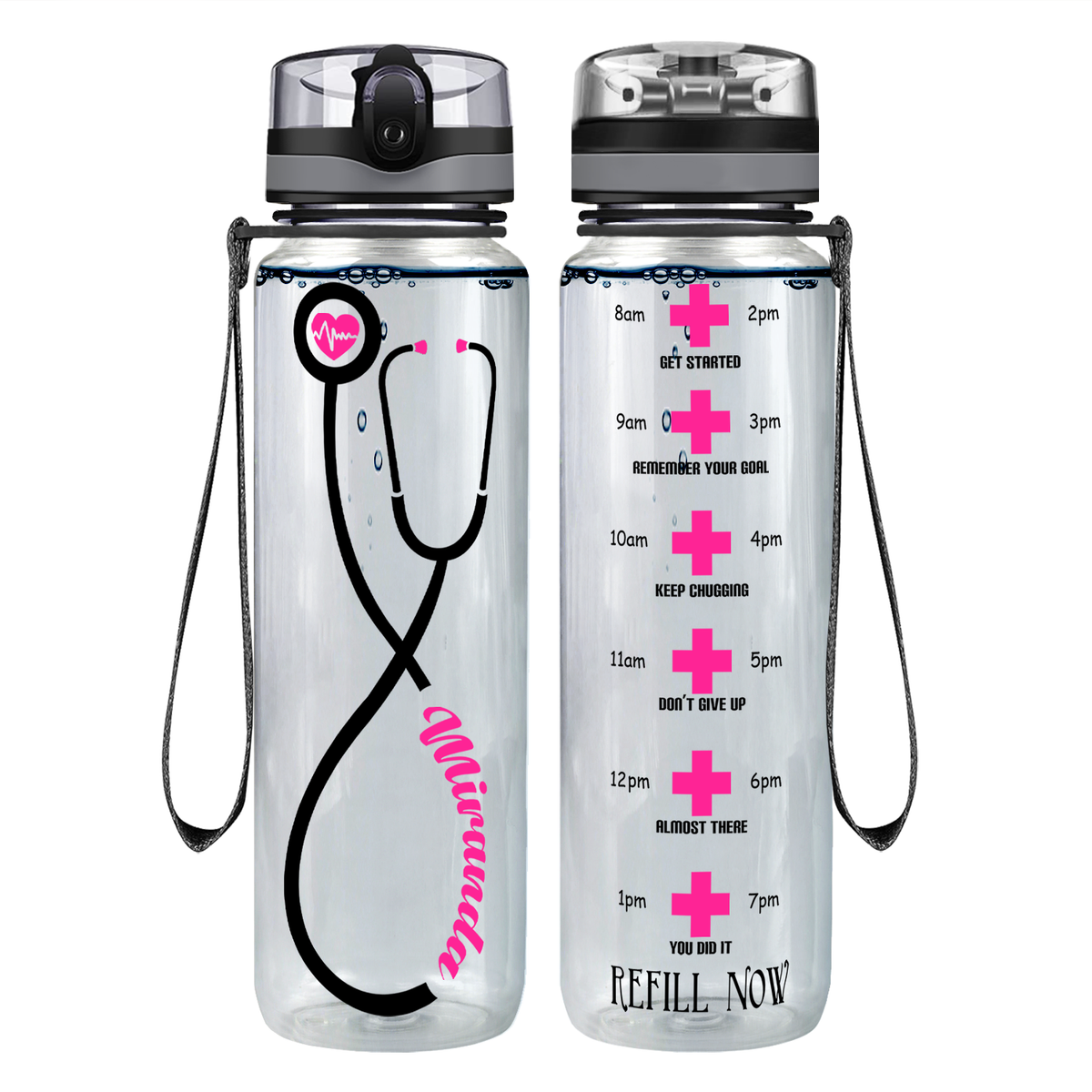 Personalized Heartbeat Nurse Pink Stethoscope on 32oz Motivational Tracking Water Bottle