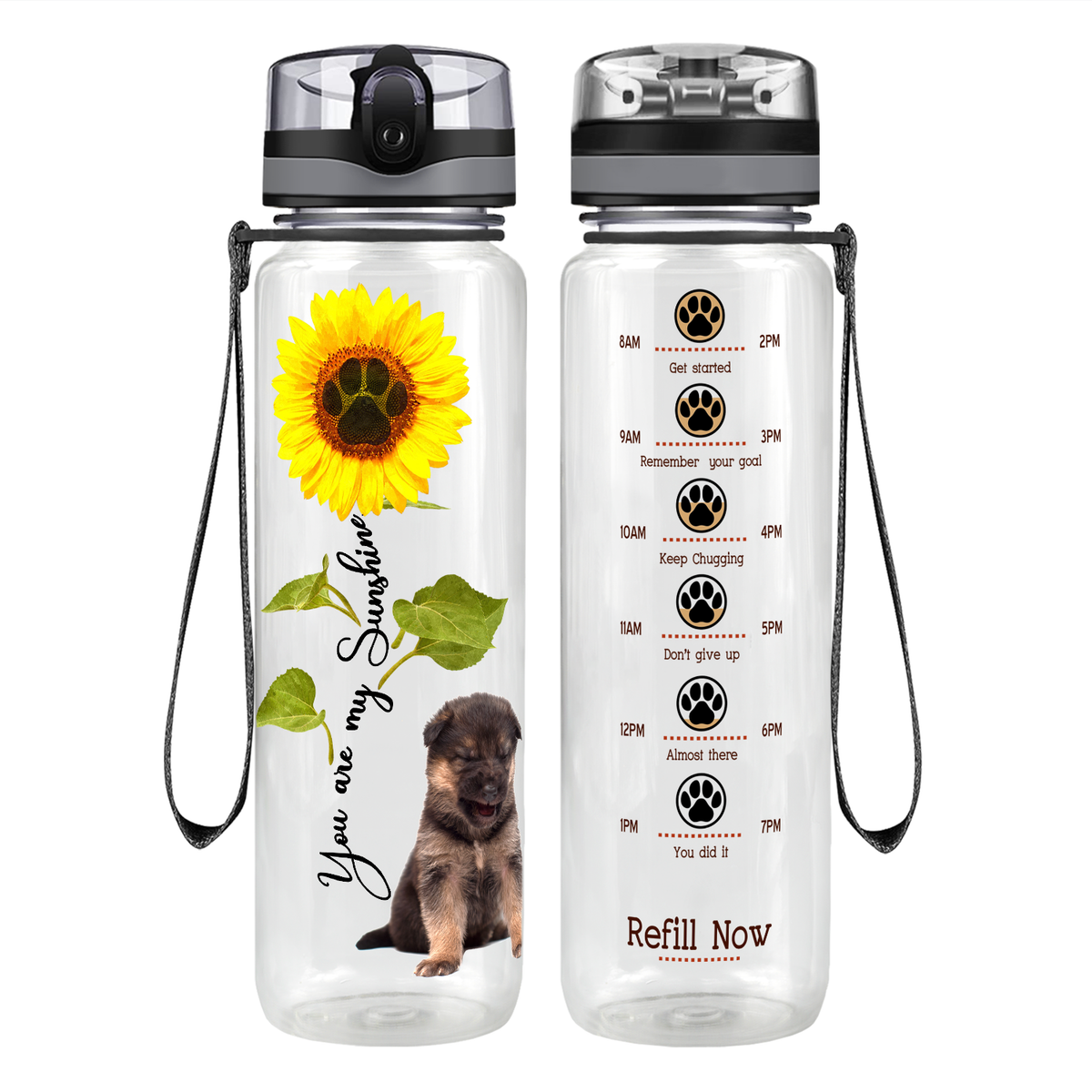 Shepherd Puppy You are my Sunshine on 32 oz Motivational Tracking Water Bottle