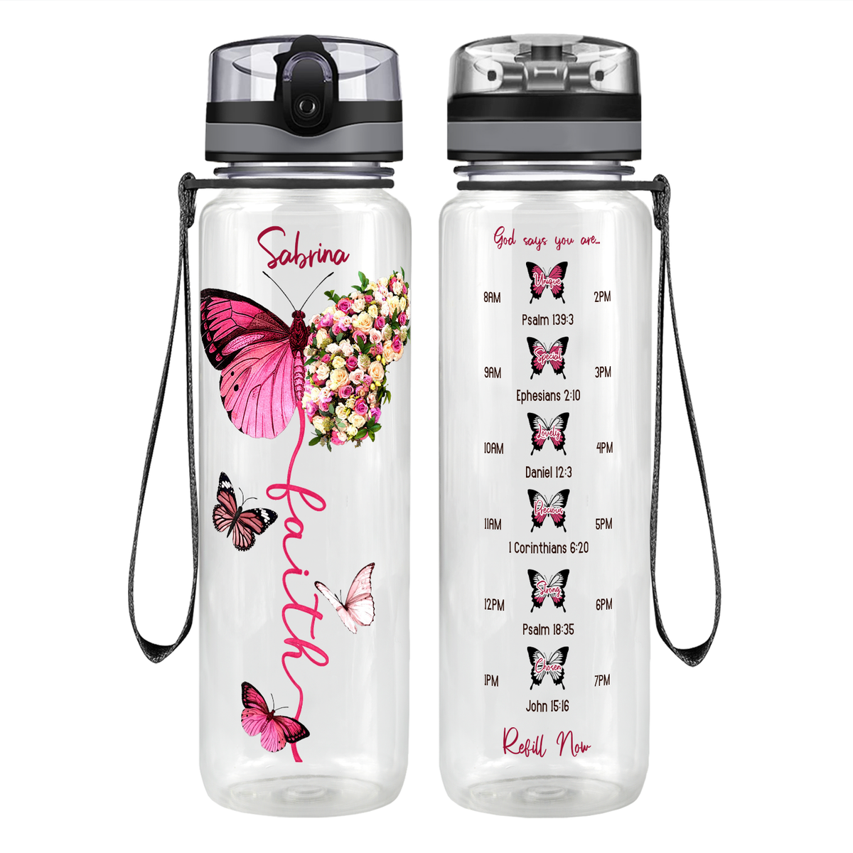Personalized Faith Inspirational Pink Butterfly Motivational Tracking Water Bottle
