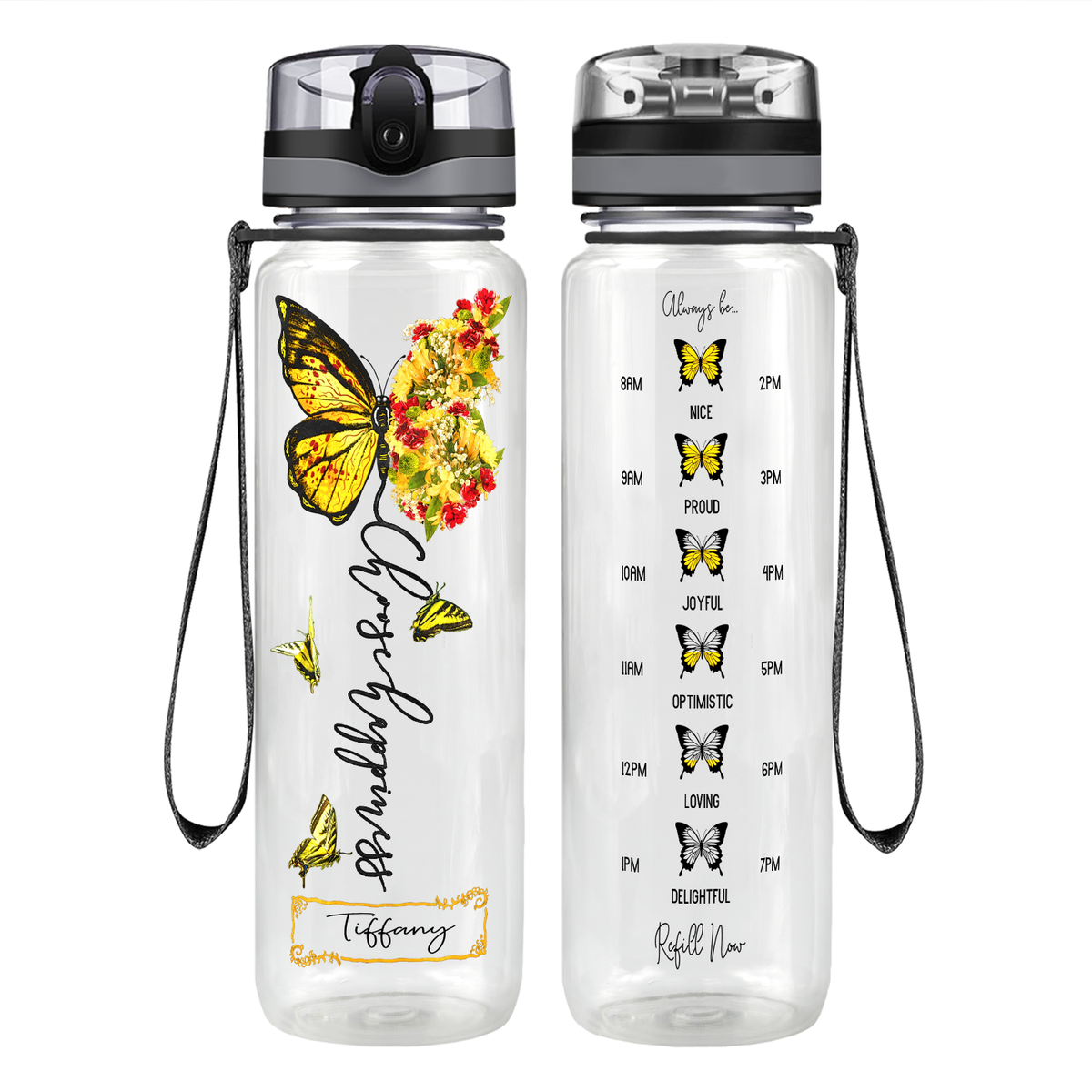 Personalized Choose Happiness Yellow Butterfly Motivational Tracking Water Bottle