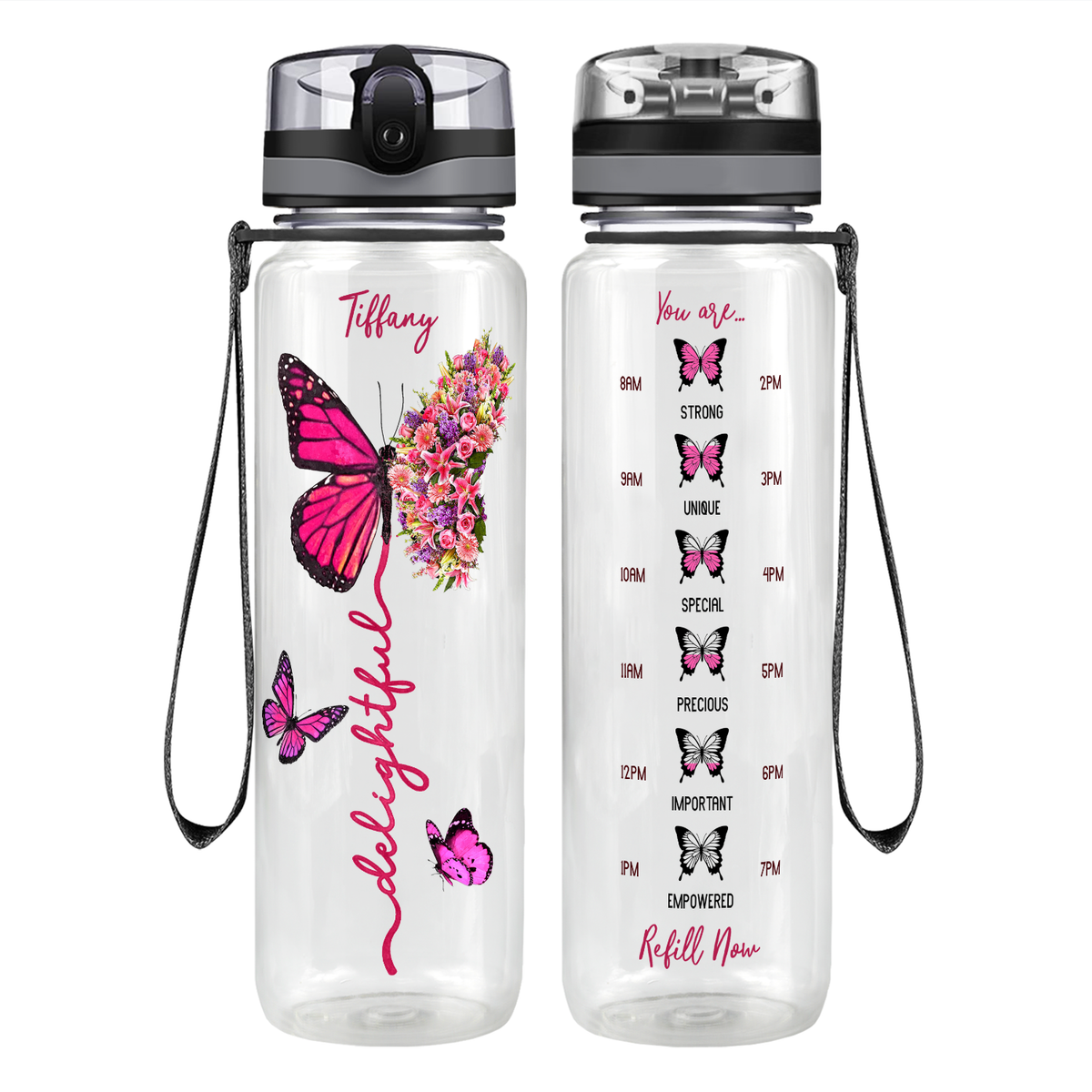 Personalized Delightful Inspirational Pink Butterfly Motivational Tracking Water Bottle