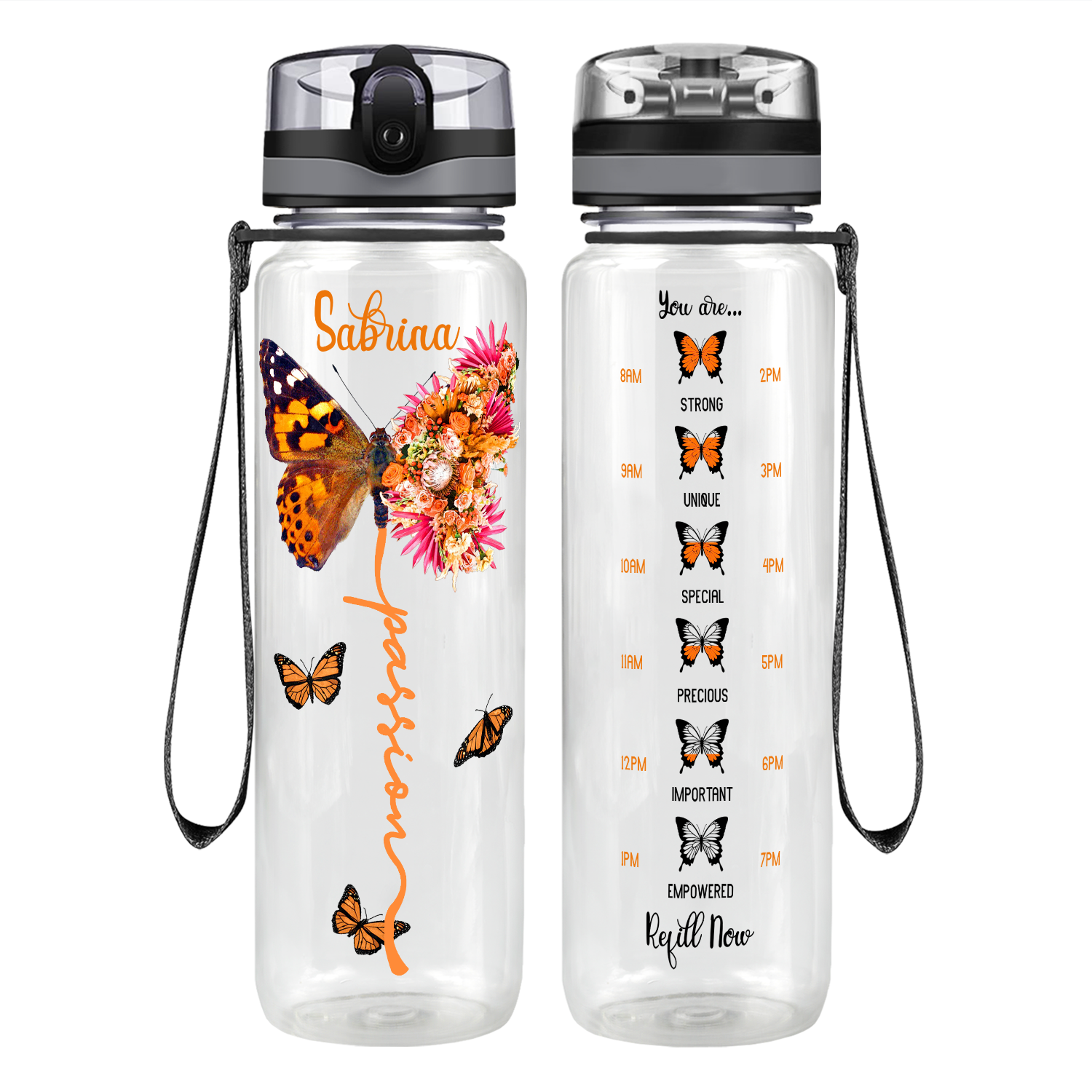 Personalized Passion Inspirational Peach Butterfly Motivational Tracking Water Bottle