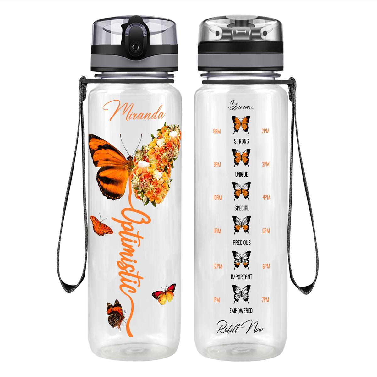 Personalized Optimistic Inspirational Orange Butterfly Motivational Tracking Water Bottle