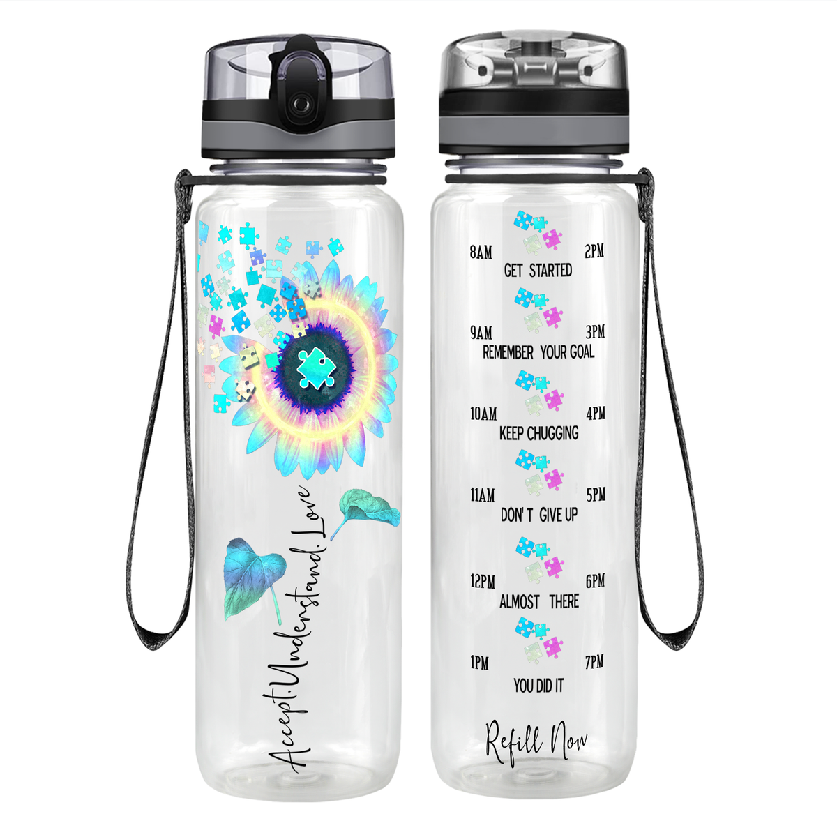 Accept Understand Love Autism Sunflower 32 oz Motivational Tracking Water Bottle