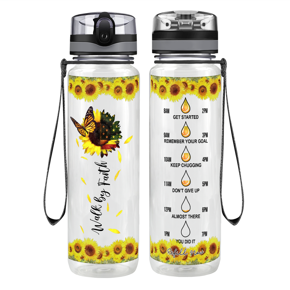 Walk by Faith American Sunflower on 32 oz Motivational Tracking Water Bottle