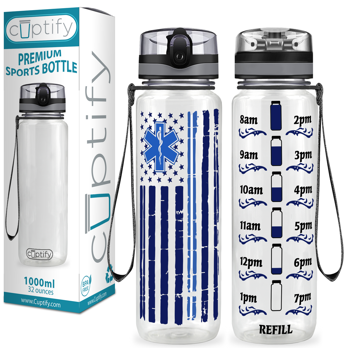 Distressed Paramedic Thin Blue Line Flag 32 oz Motivational Tracking Paramedic Water Bottle