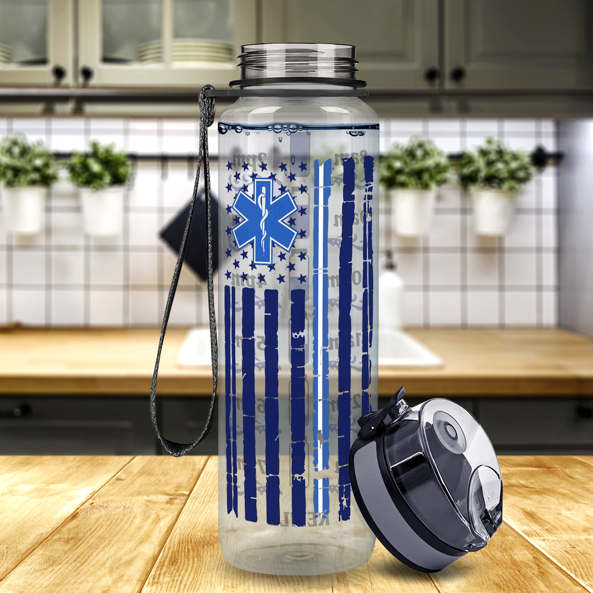 Distressed Paramedic Thin Blue Line Flag 32 oz Motivational Tracking Paramedic Water Bottle