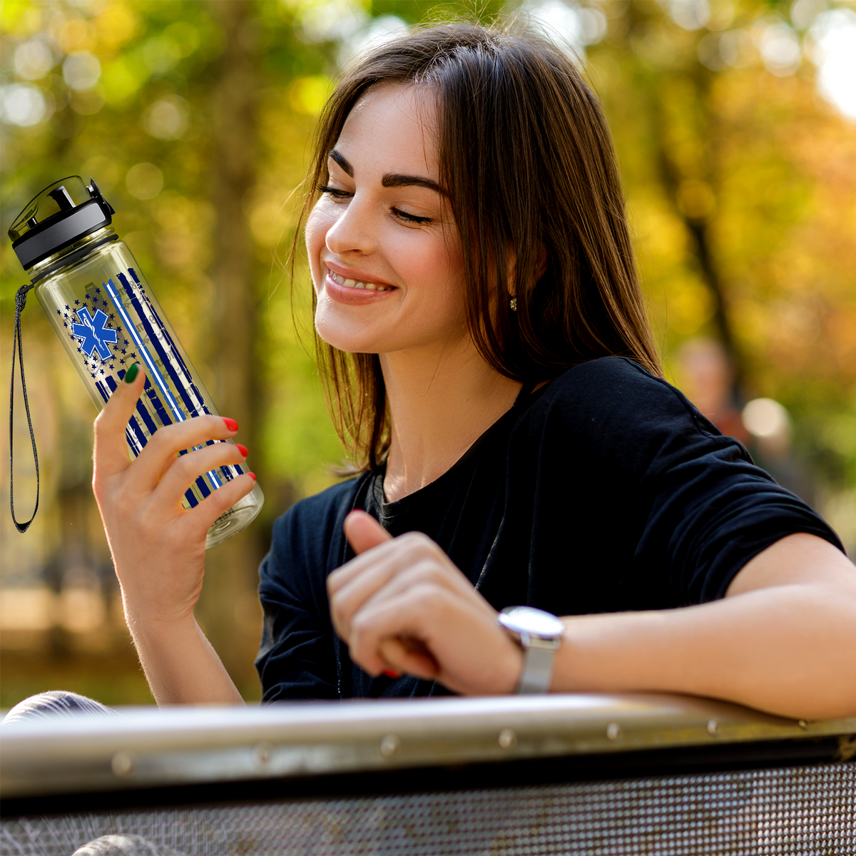 Distressed Paramedic Thin Blue Line Flag 32 oz Motivational Tracking Paramedic Water Bottle