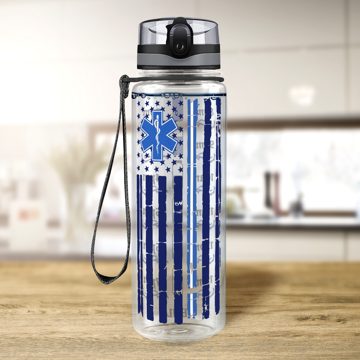 Distressed Paramedic Thin Blue Line Flag 32 oz Motivational Tracking Paramedic Water Bottle