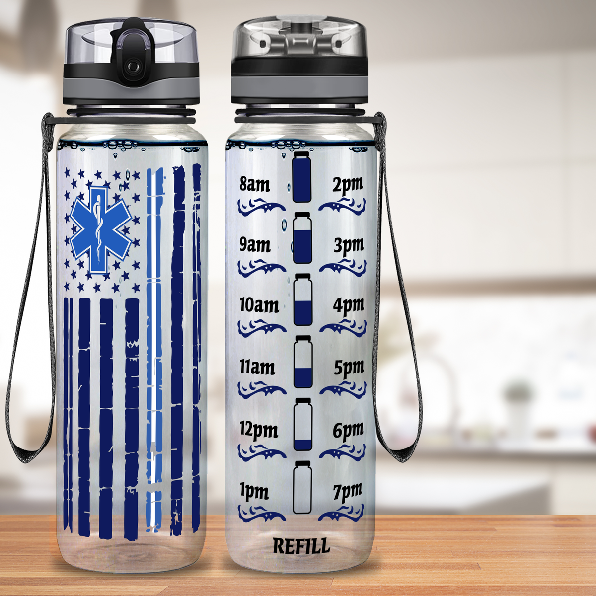 Distressed Paramedic Thin Blue Line Flag 32 oz Motivational Tracking Paramedic Water Bottle