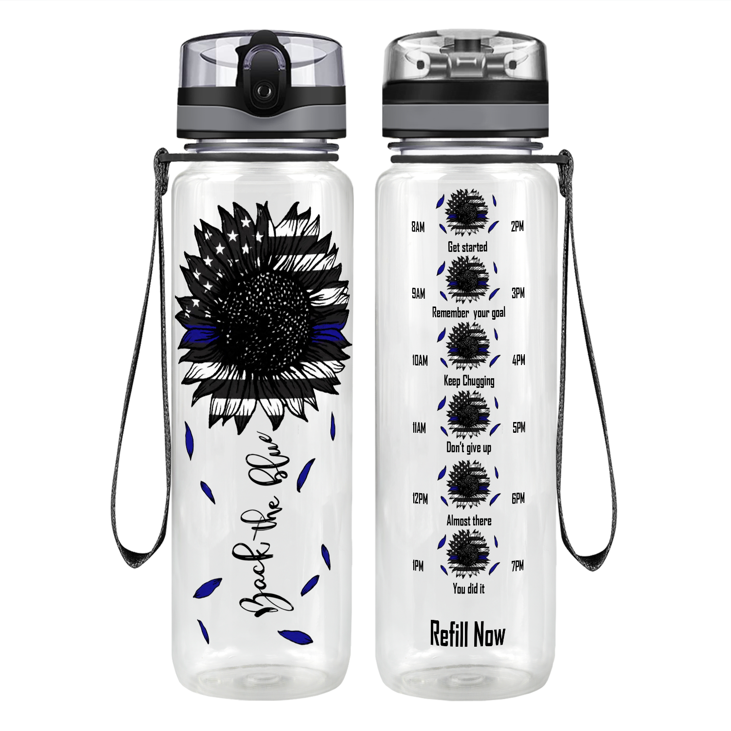 Thin Blue Line Sunflower on 32 oz Motivational Tracking Water Bottle -  Cuptify