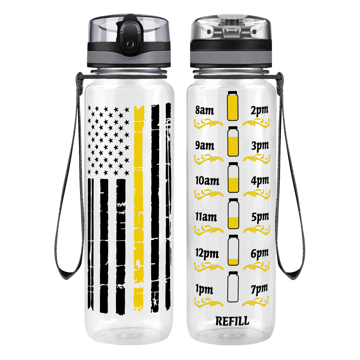 Distressed Thin Gold Line Flag on 32 oz Motivational Tracking Water Bottle