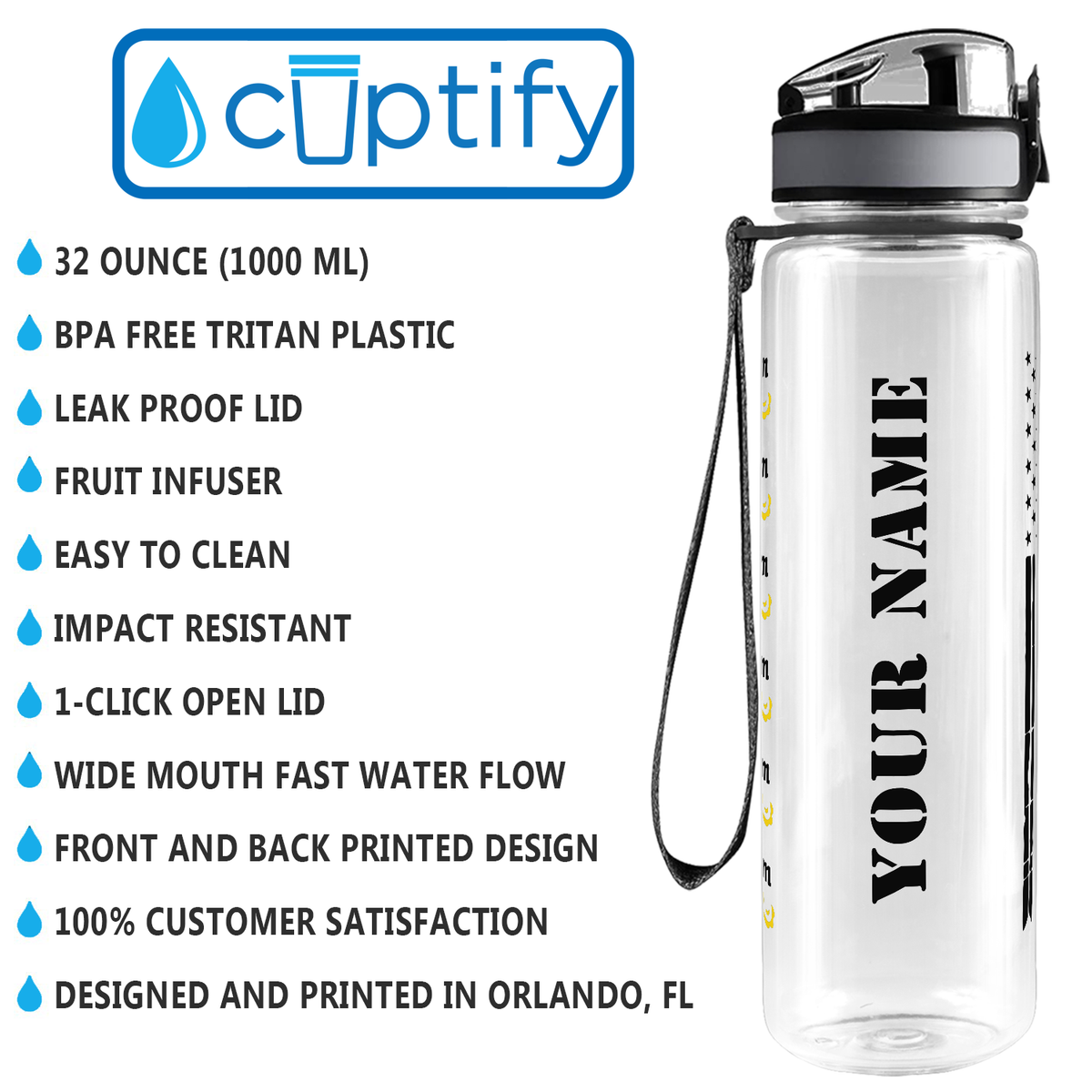 Personalized Distressed Thin Gold Line Flag on 32 oz Motivational Tracking Water Bottle