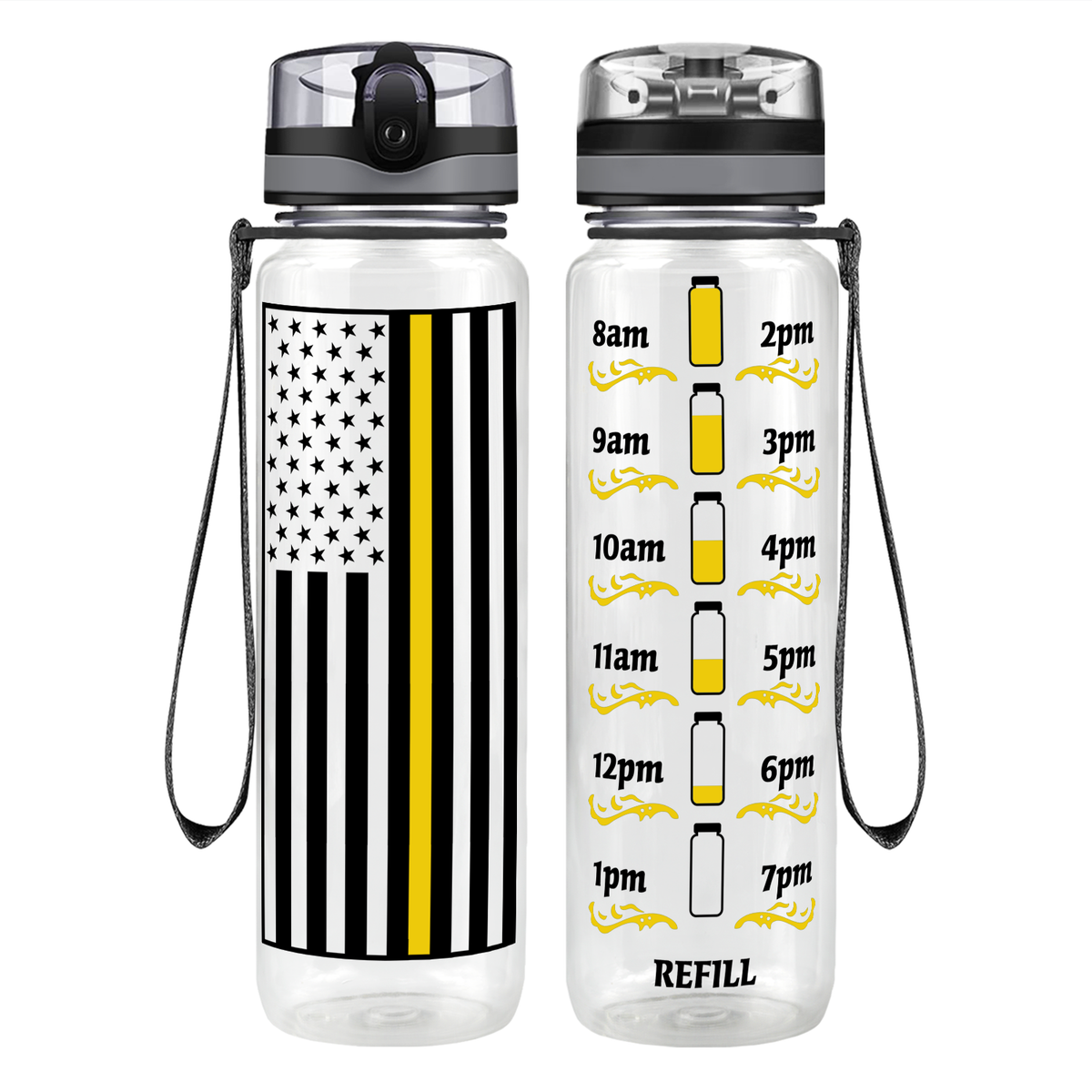 Thin Gold Line Dispatcher Flag on 32 oz Motivational Tracking Water Bottle