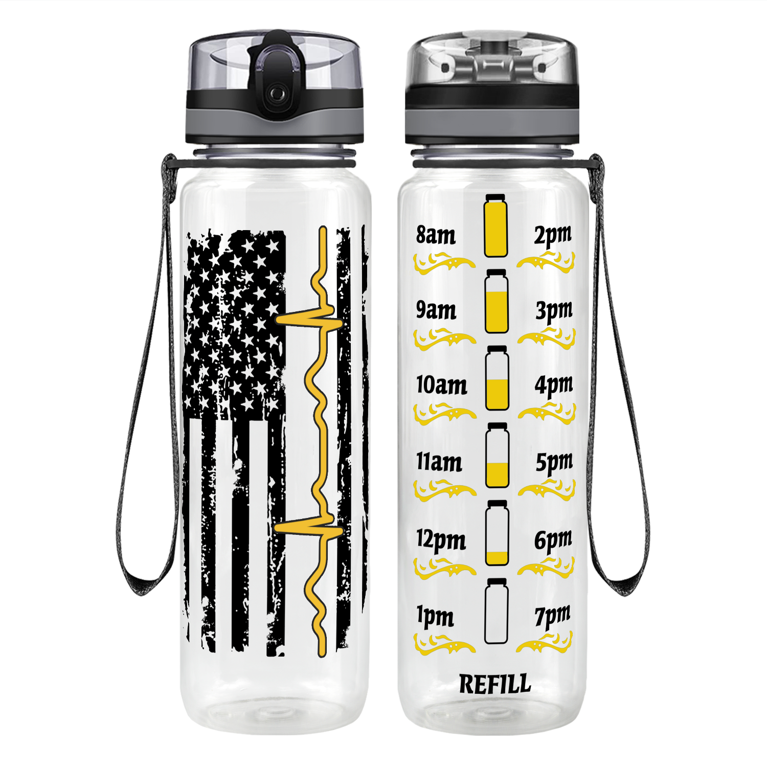 Distressed Pulse Thin Gold Line Flag on 32 oz Motivational Tracking Water Bottle