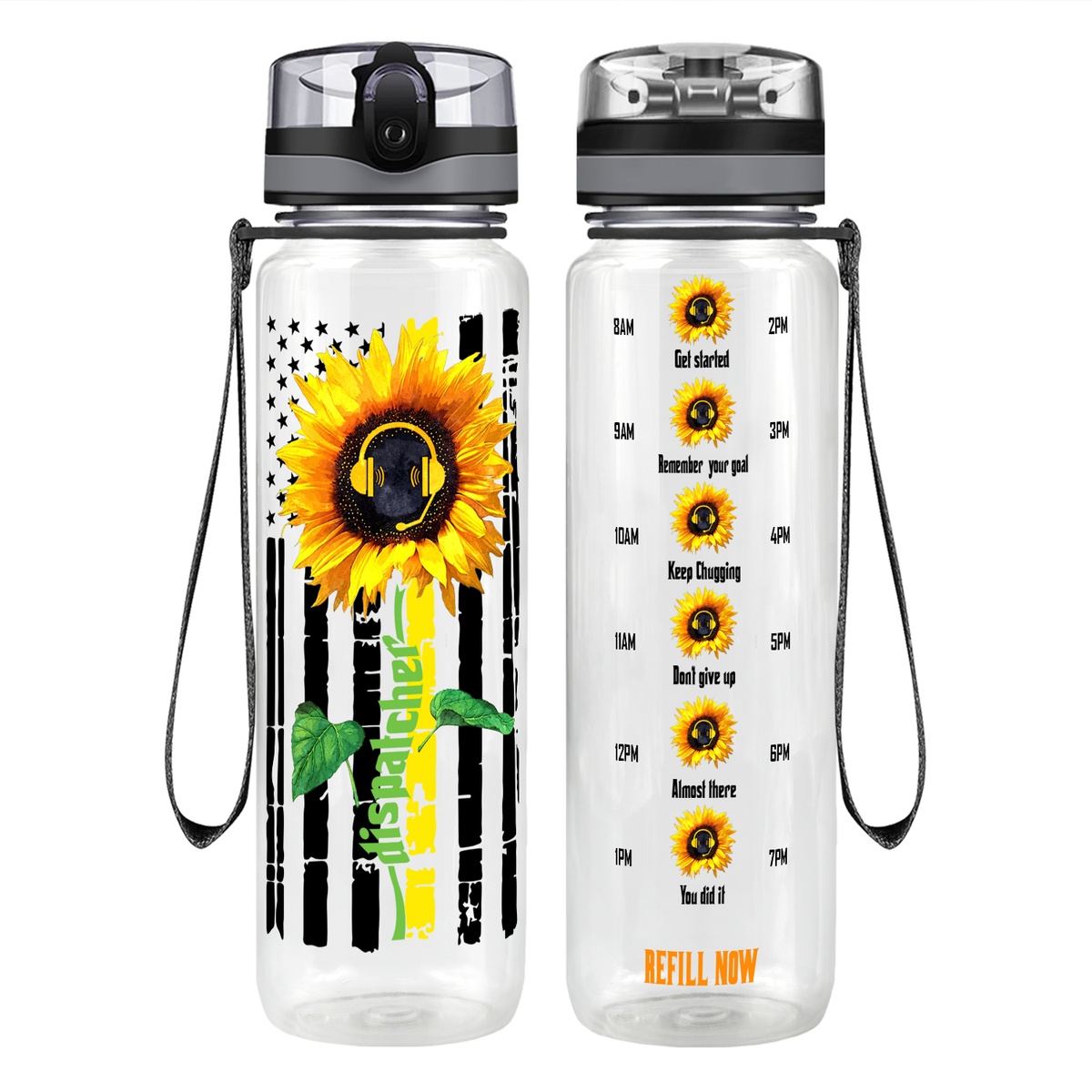 Personalized Sunflower Thin Gold Line Flag on 32 oz Motivational Tracking Water Bottle
