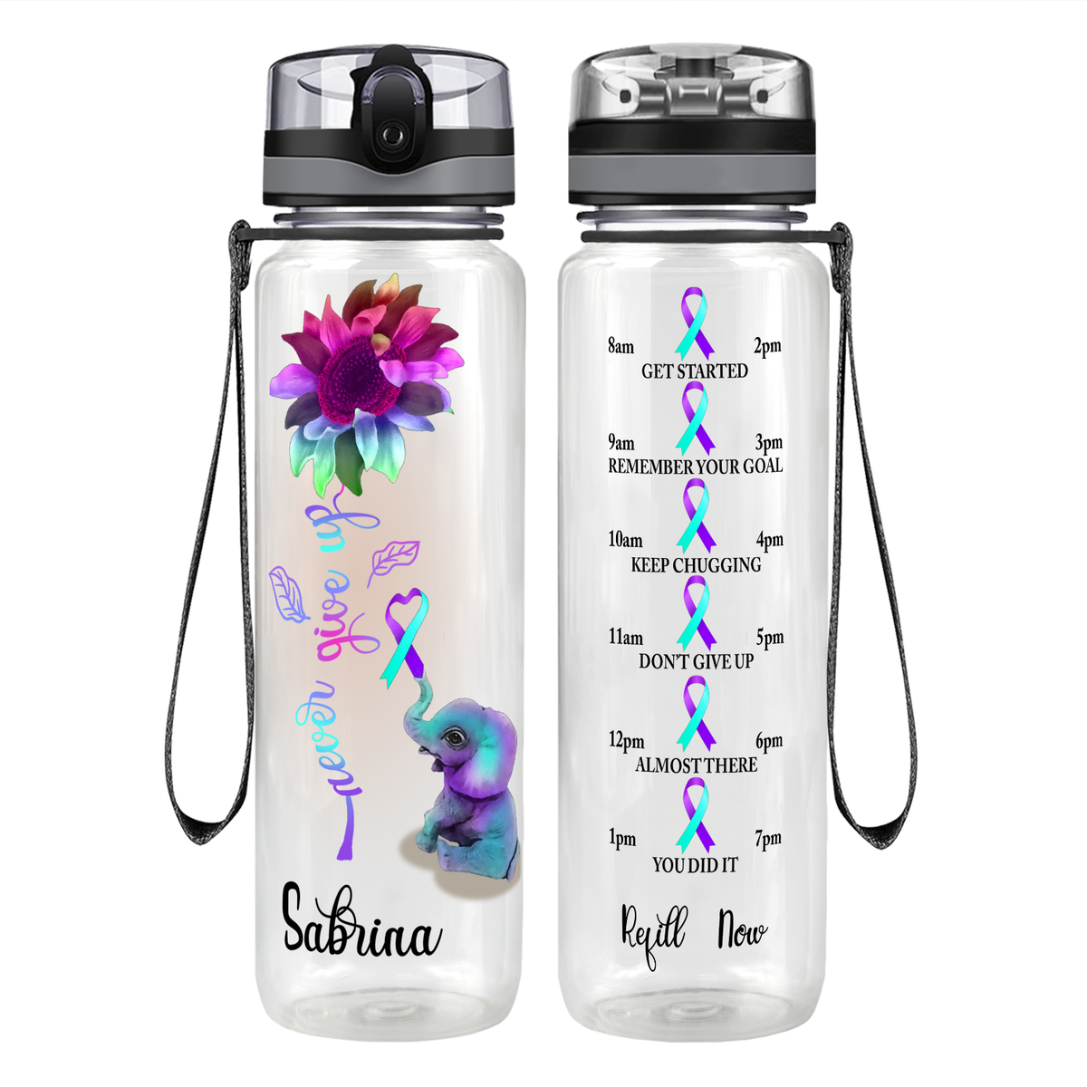 Personalized Never Give Up Elephant Motivational Tracking Water Bottle