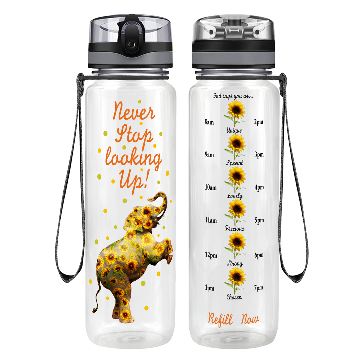 Never Stop Looking Up on 32 oz Motivational Tracking Water Bottle