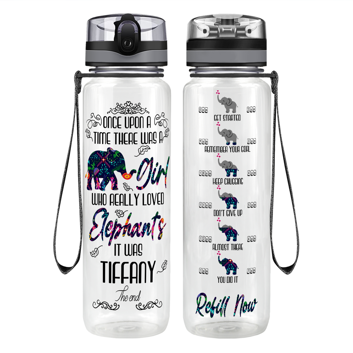 Personalized Once Upon a Time Elephants on 32 oz Motivational Tracking Water Bottle