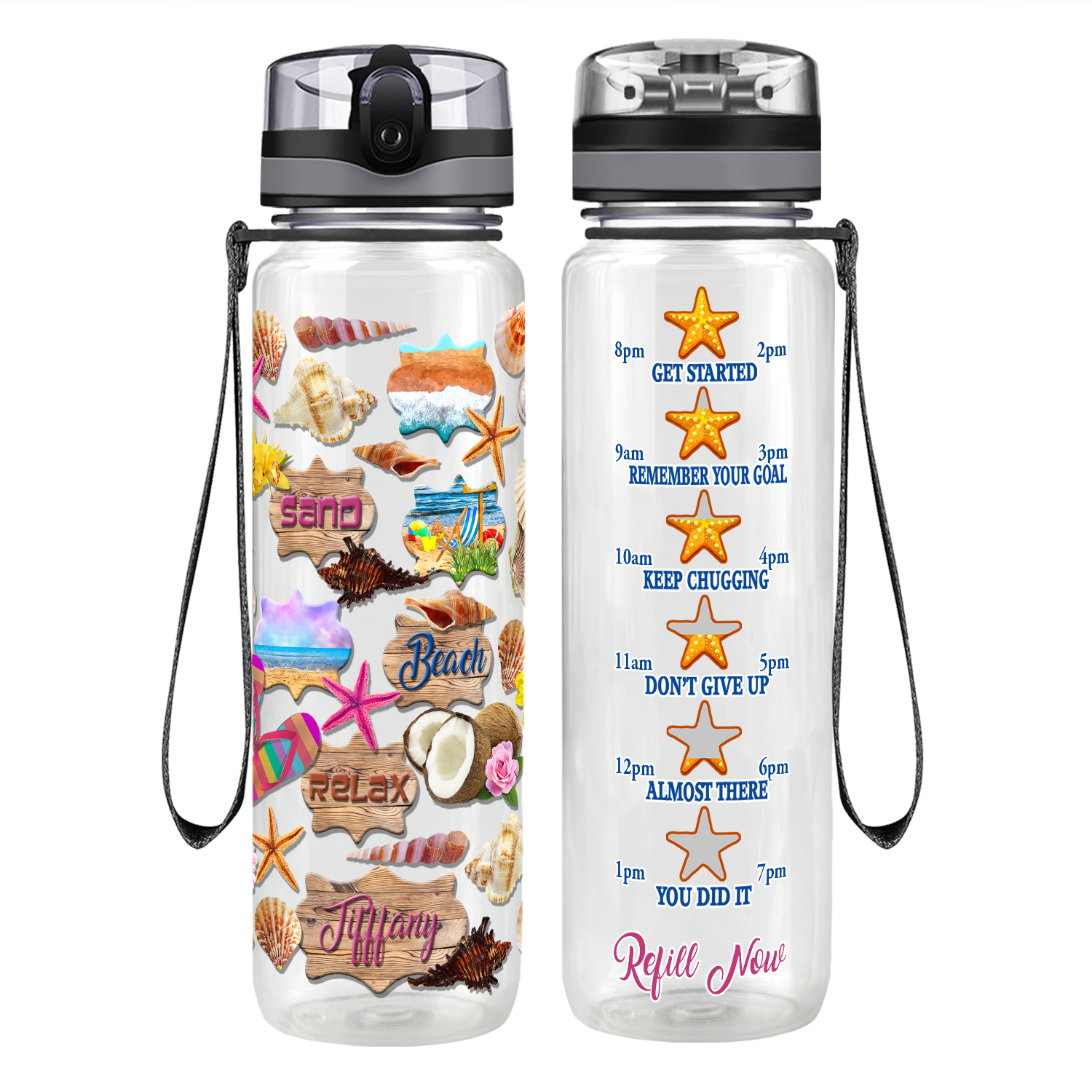 Personalized Sand Beach Relax Seashells Motivational Tracking Water Bottle
