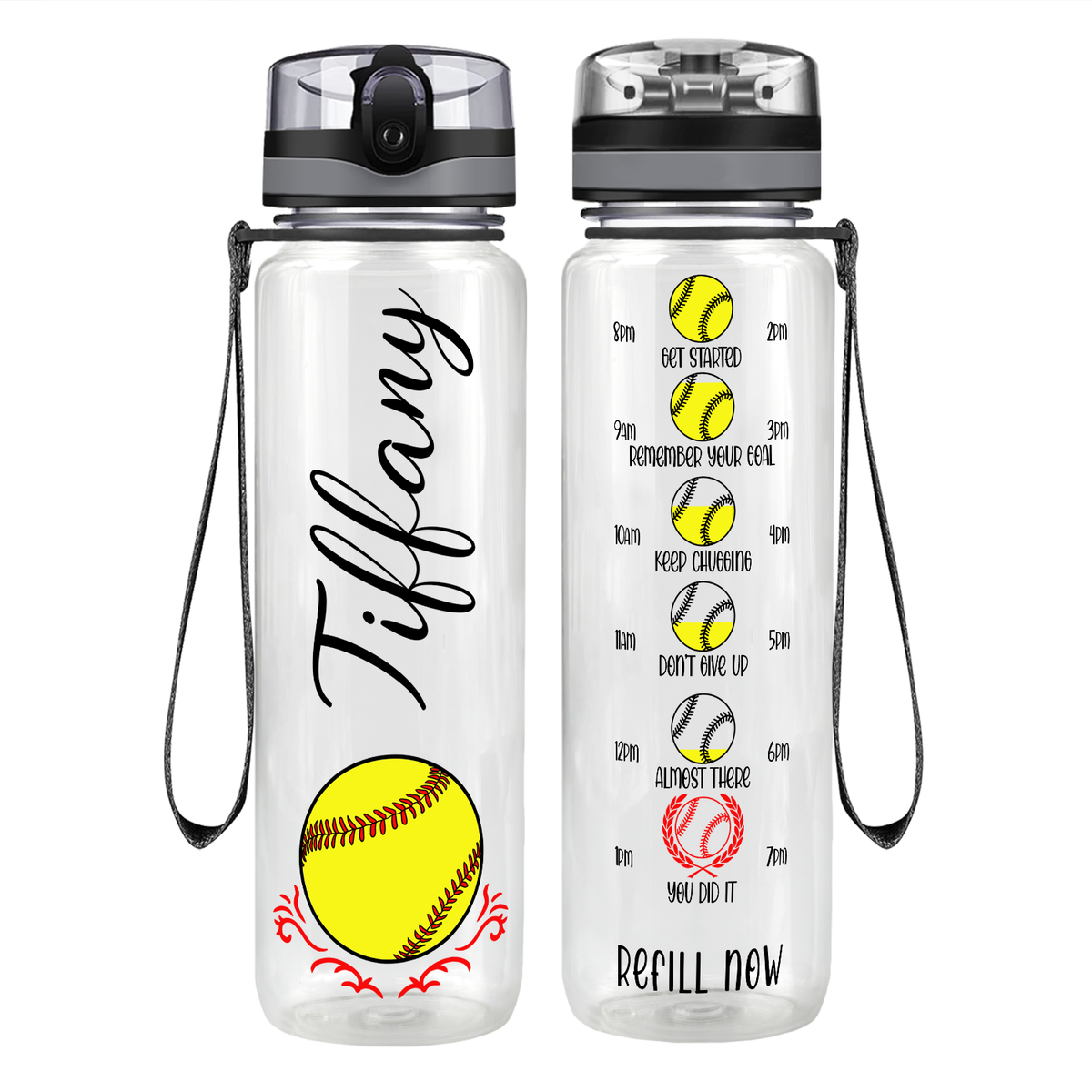 Personalized Softball on 32 oz Motivational Tracking Water Bottle
