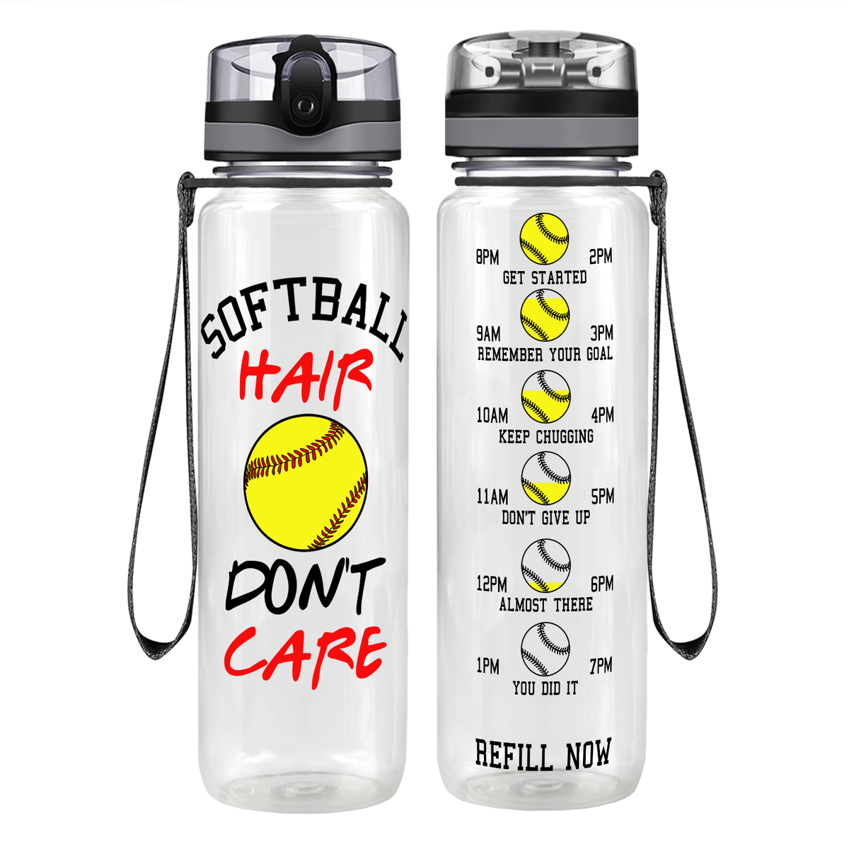 Softball Hair Don't Care on 32 oz Motivational Tracking Water Bottle