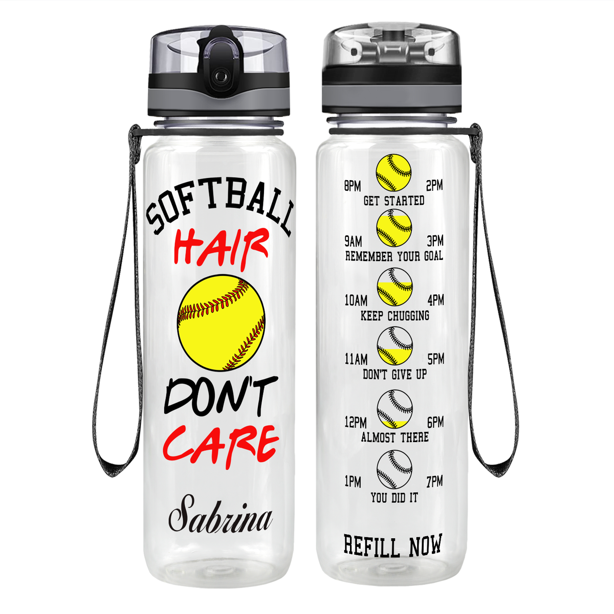Personalized Softball Hair Don't Care on 32 oz Motivational Tracking Water Bottle