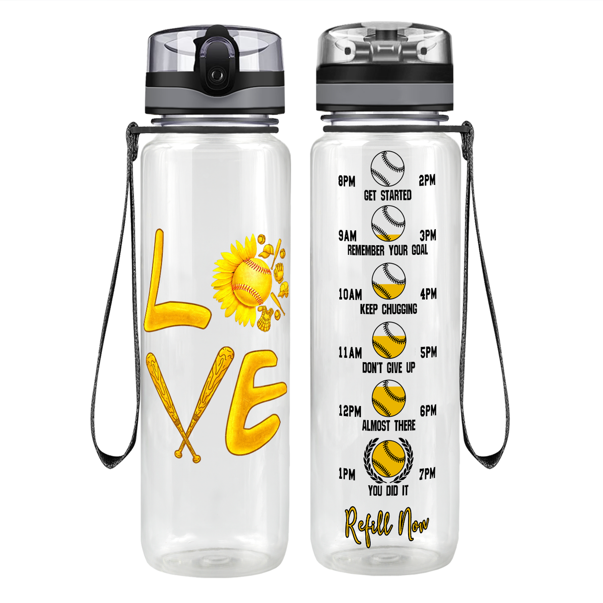Love Softball Flower on 32 oz Motivational Tracking Water Bottle