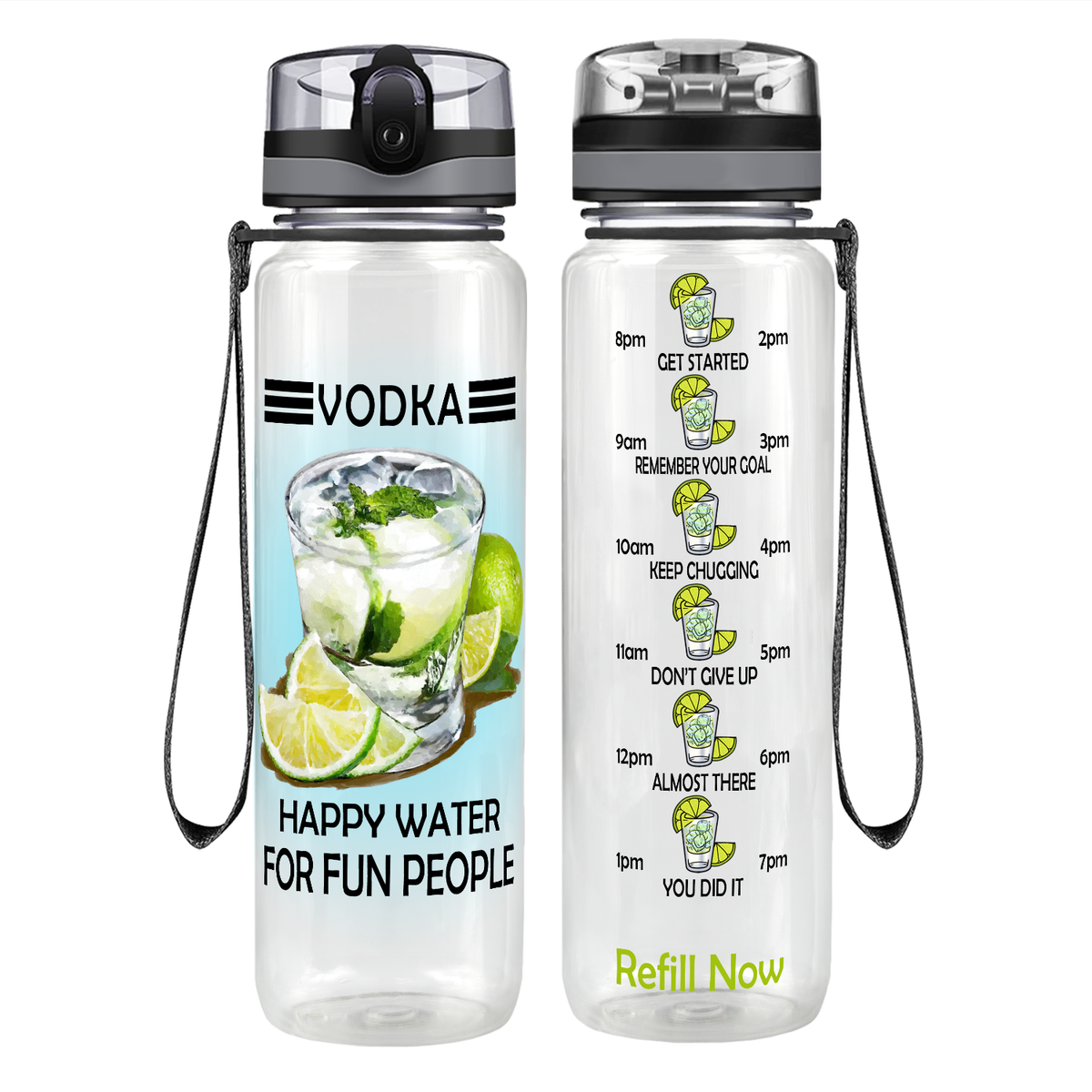 Vodka Happy Water for Fun People on 32 oz Motivational Tracking Water Bottle