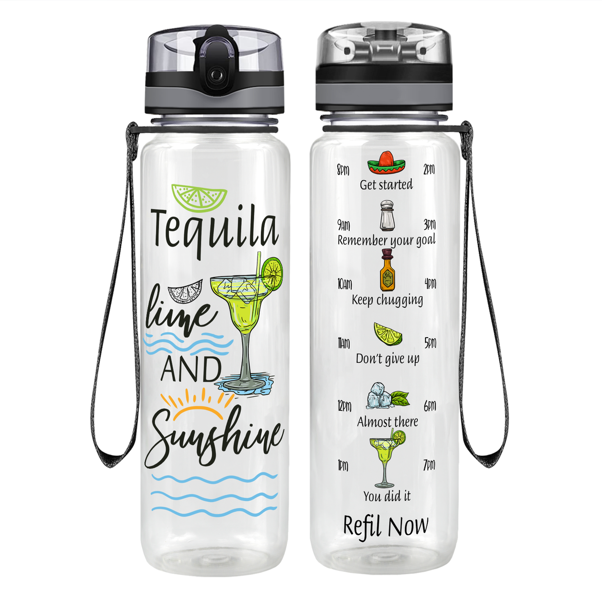Tequila Lime and Sunshine on 32 oz Motivational Tracking Water Bottle