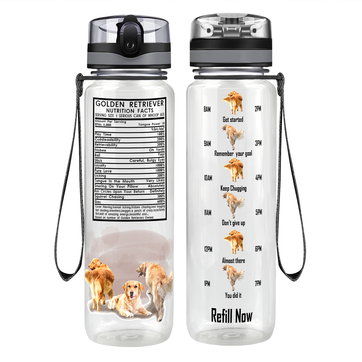 Golden Retriever Nutrition Facts on 32 oz Motivational Tracking Water Bottle