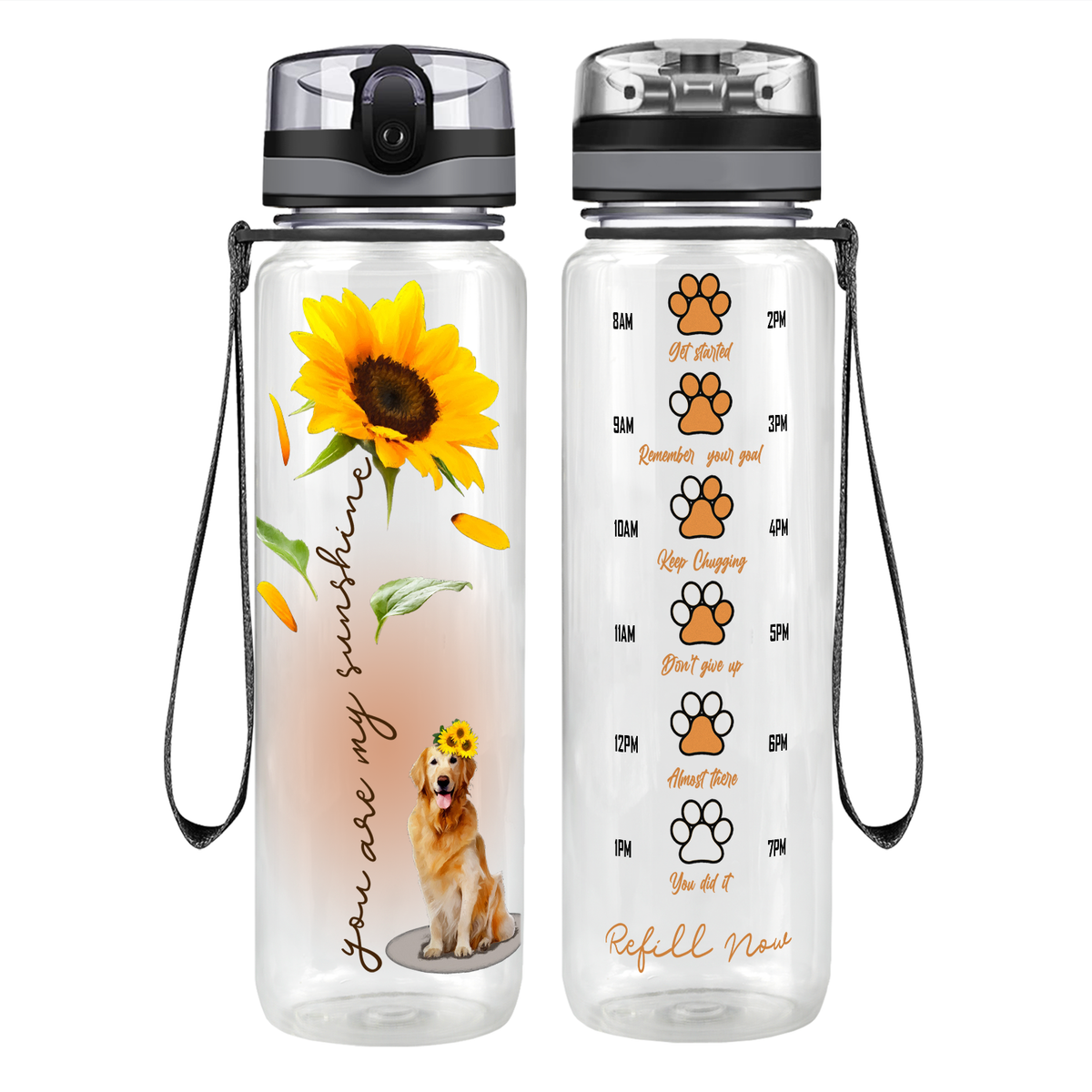 You Are My Sunshine Golden Retriever Sunflower on 32 oz Motivational Tracking Water Bottle