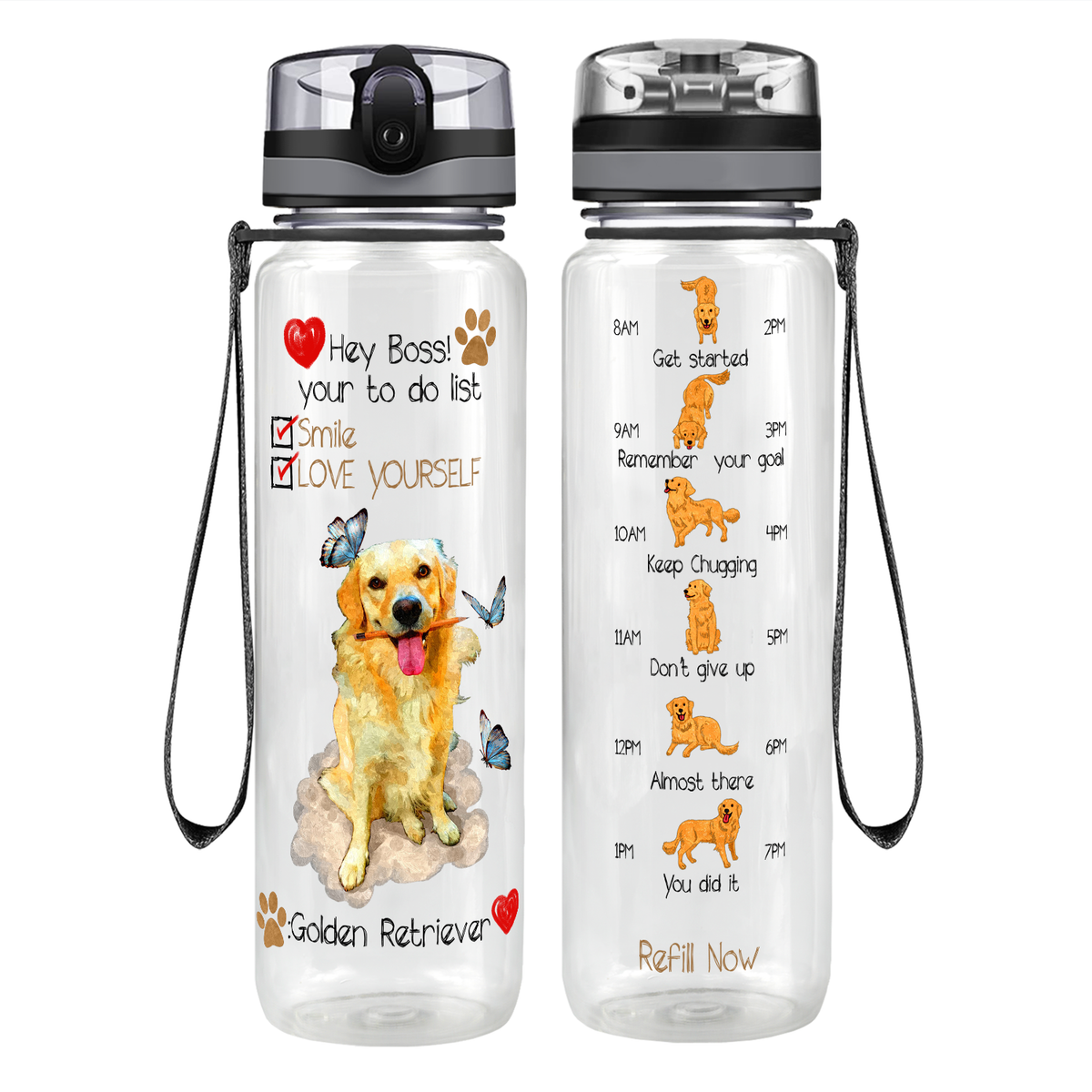 Hey Boss! Your To Do List Golden Retriever on 32 oz Motivational Tracking Water Bottle