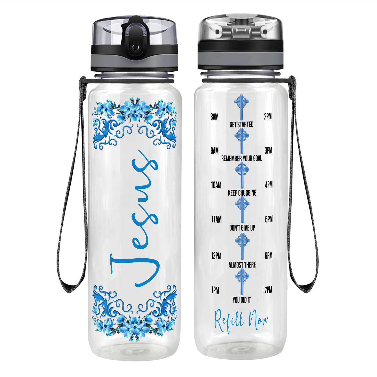 Jesus Blue Fowers Design Motivational Tracking Water Bottle