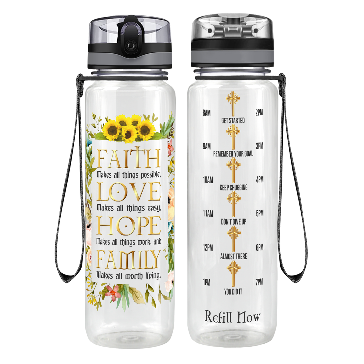 Faith Love Hope Family on 32 oz Motivational Tracking Water Bottle
