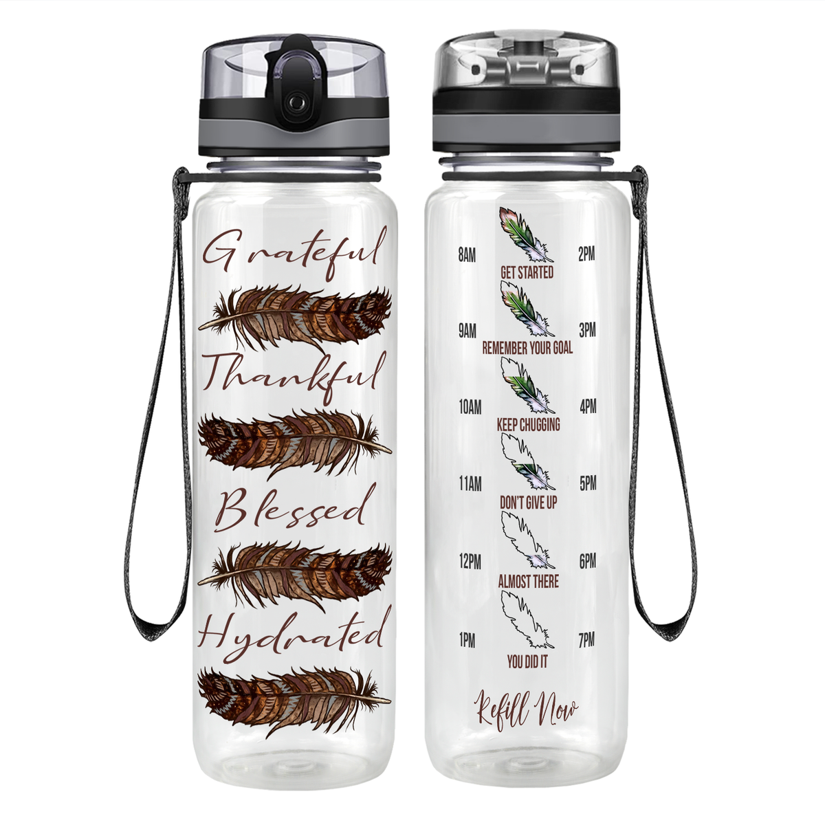 Grateful Thankful Blessed Hydrated with Feathers on 32 oz Motivational Tracking Water Bottle