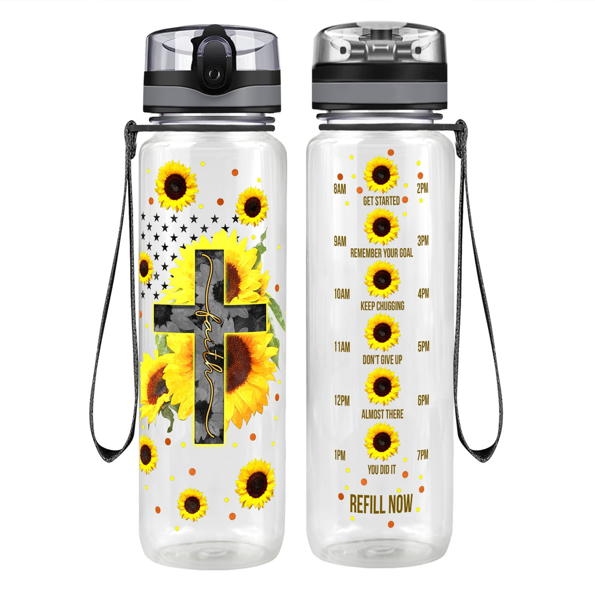 Faith Cross Sunflowers on 32 oz Motivational Tracking Water Bottle