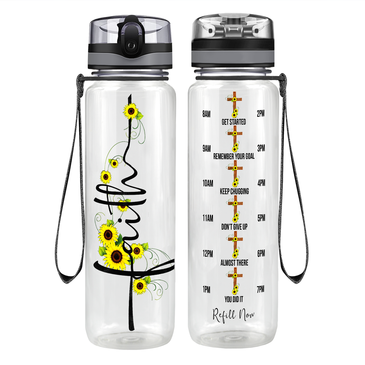 Faith Sunflowers on 32 oz Motivational Tracking Water Bottle
