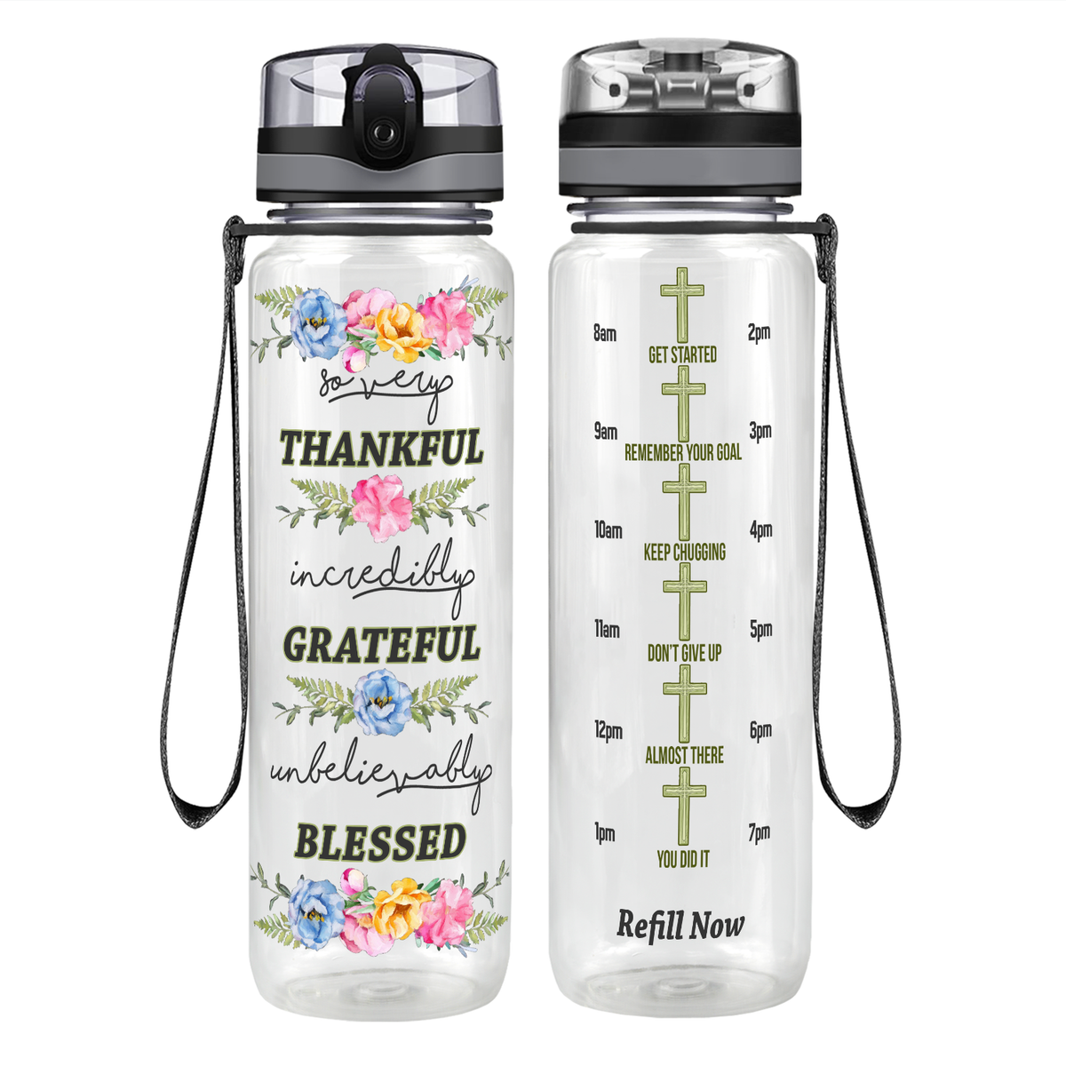 Thankful Grateful Blessed on 32 oz Motivational Tracking Water Bottle