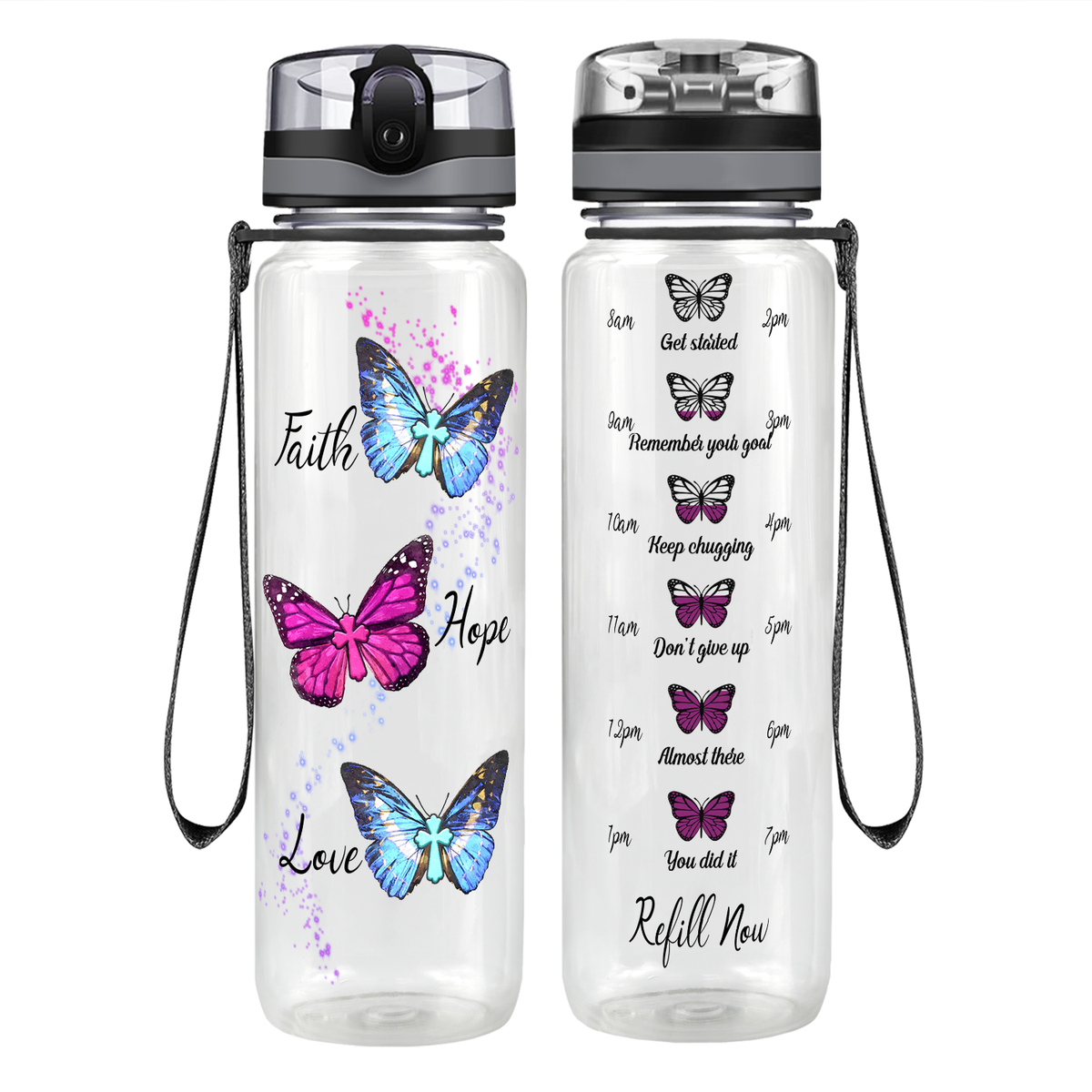 Faith Hope Love Butterflies on 32 oz Motivational Tracking Water Bottle