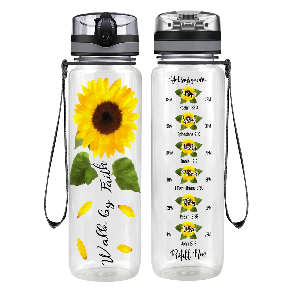 Walk By Faith Sunflower on 32 oz Motivational Tracking Water Bottle