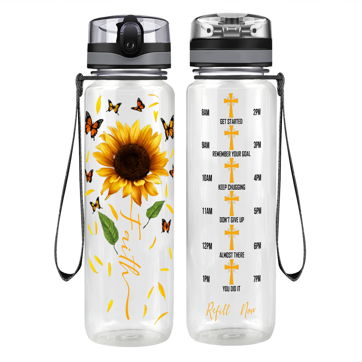 Faith Sunflowers Butterflies on 32 oz Motivational Tracking Water Bottle