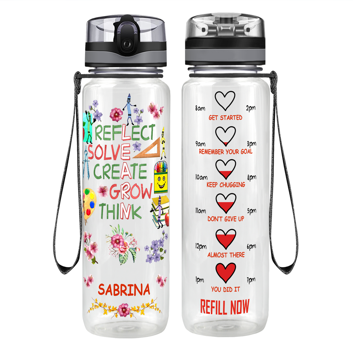 Personalized Reflect Solve Create Grow Think Motivational Tracking Water Bottle