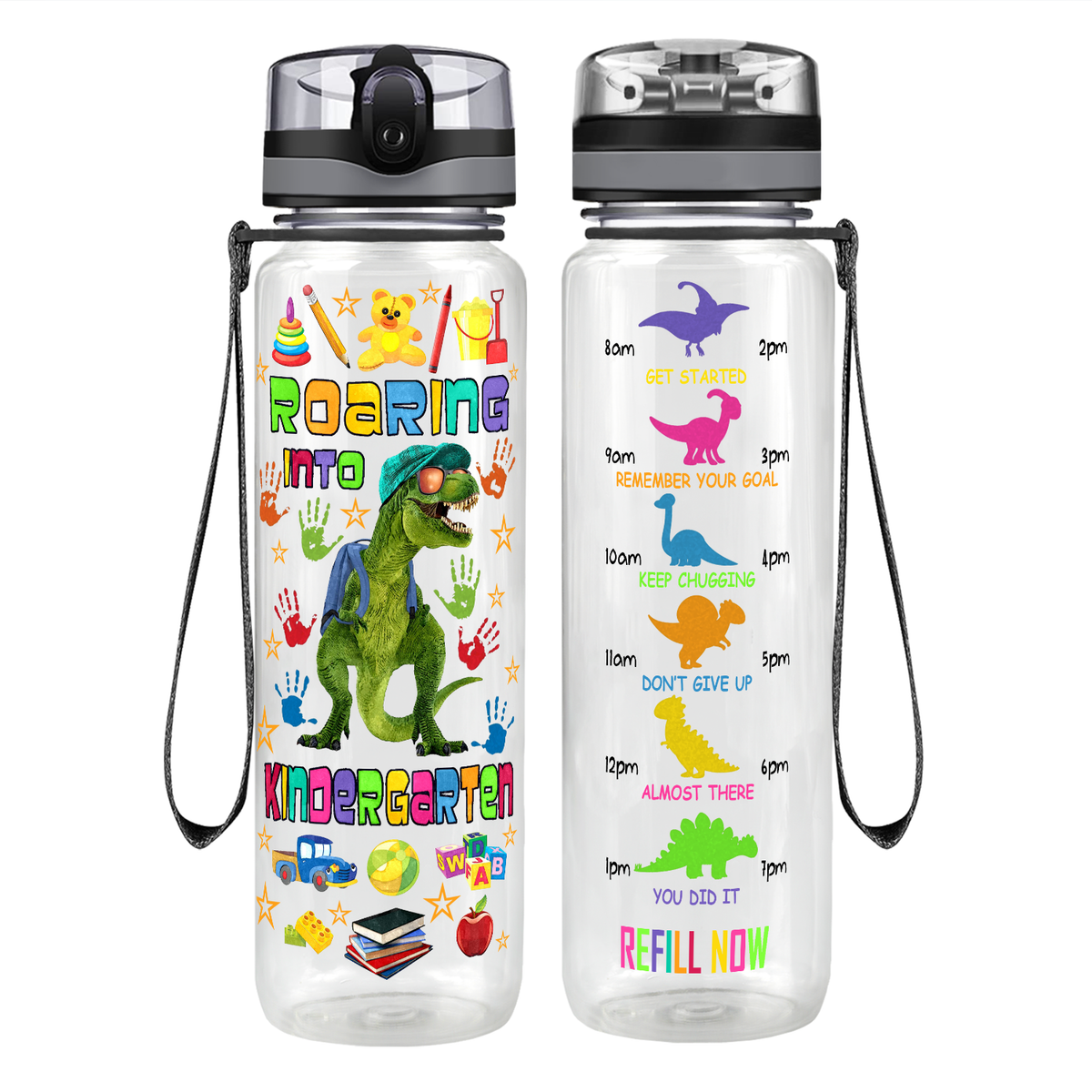 Roaring Into Kindergarten on 32 oz Motivational Tracking Water Bottle