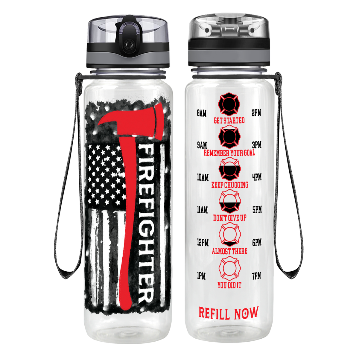 Firefighter Axe Distressed Flag on 32 oz Motivational Tracking Water Bottle