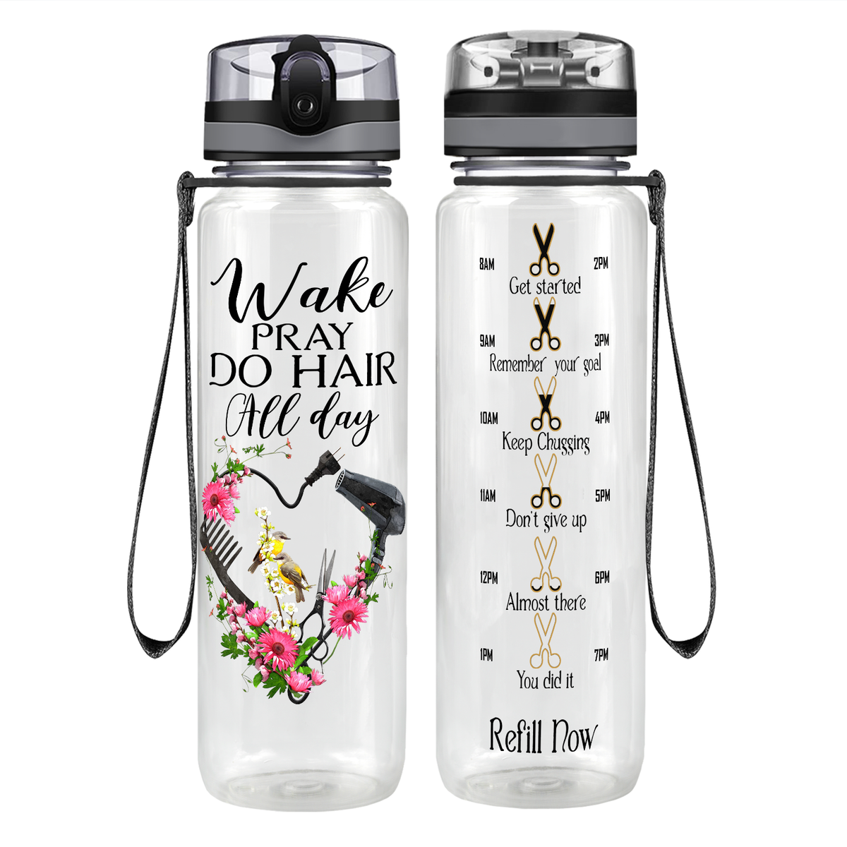 Wake Pray Do Hair All Day on 32 oz Motivational Tracking Water Bottle