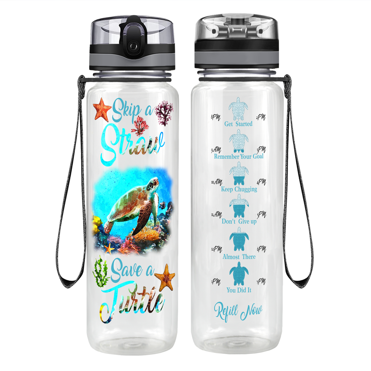 Skip A Straw Save A Turtle on 32 oz Motivational Tracking Water Bottle