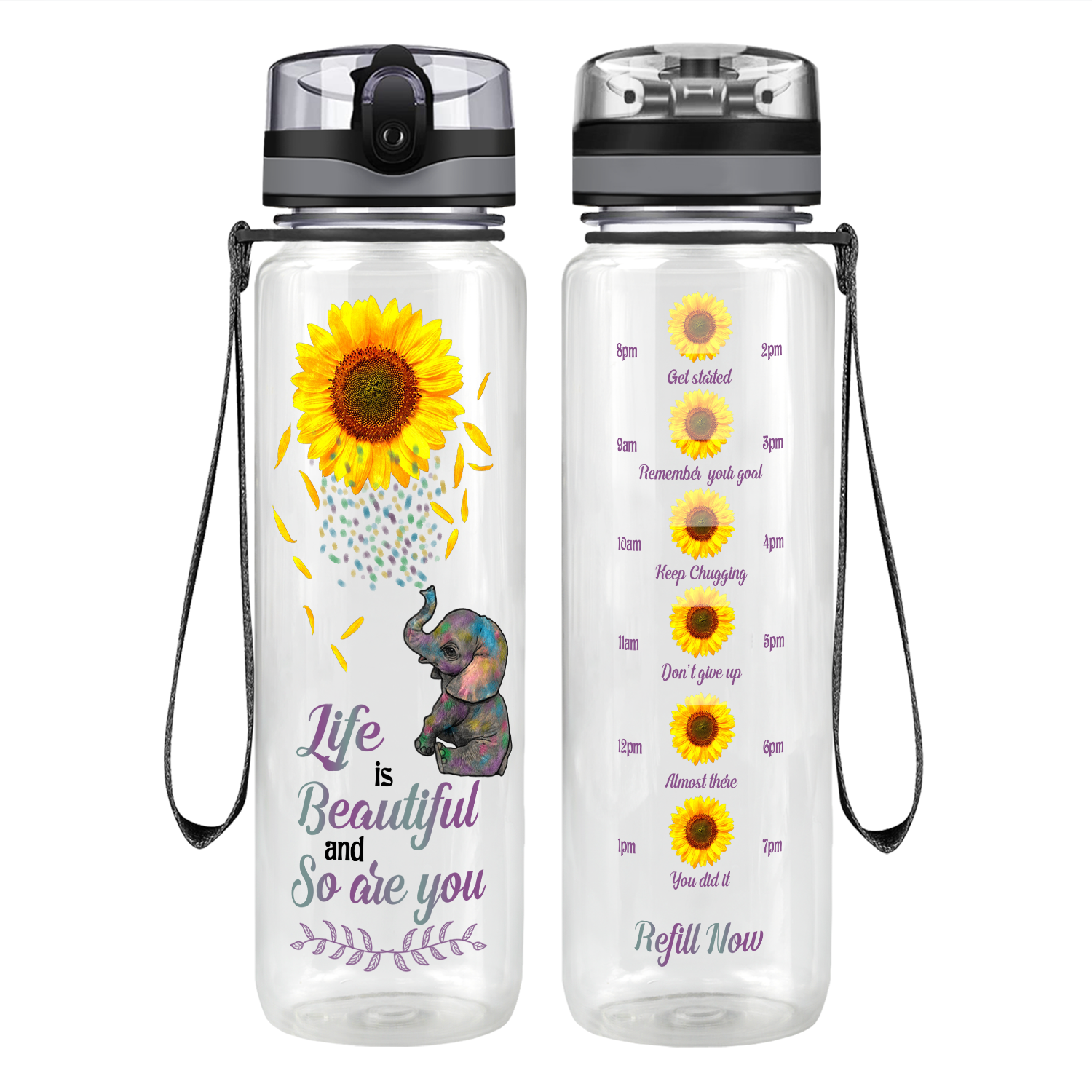 Life Is Beautiful and So Are You Sunflower with Elephant Motivational Tracking Water Bottle
