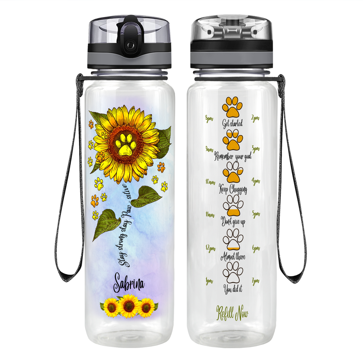 Personalized Stay Strong Stay Paw-sitive on 32 oz Motivational Tracking Water Bottle